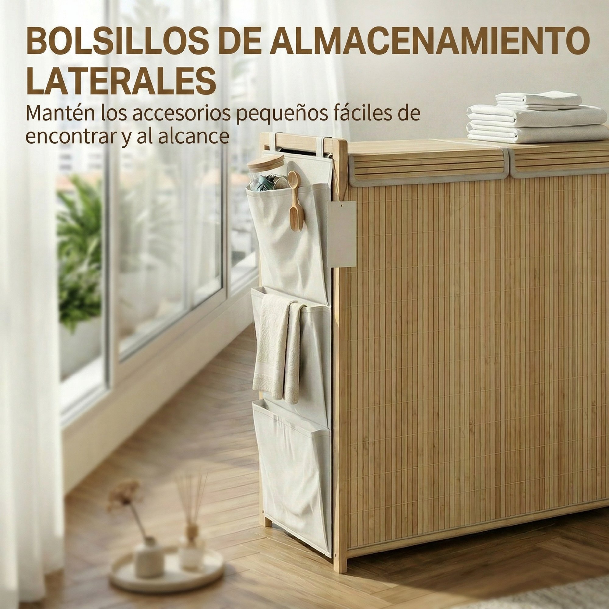 Cesto de Ropa Sucia con Tapa, 120L, Cesta Ropa Sucia de Bambú con 2 Compartimentos, Bolsas con Cordón Extraíbles y Lavables, Bolsillos Laterales, para Lavandería, 63x33x78 cm, Natural