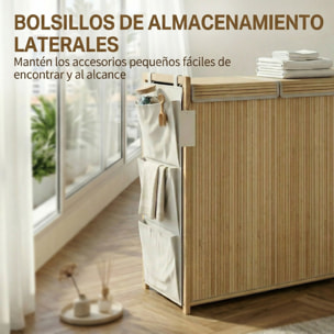 Cesto de Ropa Sucia con Tapa, 120L, Cesta Ropa Sucia de Bambú con 2 Compartimentos, Bolsas con Cordón Extraíbles y Lavables, Bolsillos Laterales, para Lavandería, 63x33x78 cm, Natural