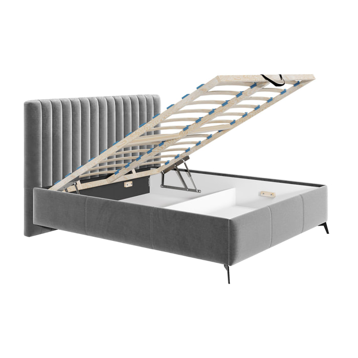 Mendoza - lit coffre - 140x200 - sommier inclus - en velours - Gris