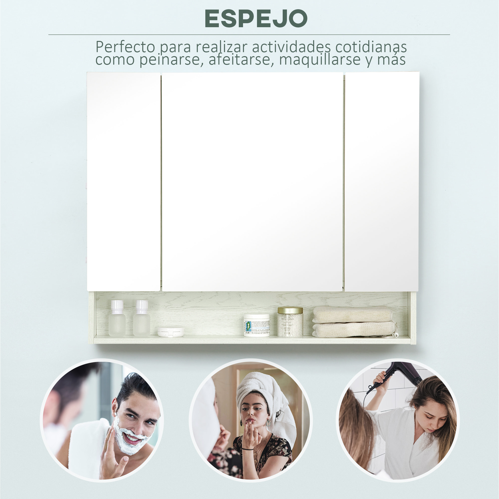 Armario de Baño con Espejo Armario de Pared con 3 Puertas Estante Ajustable y Compartimento Mueble de Baño Colgante para Salón 90x15x75 cm Blanco