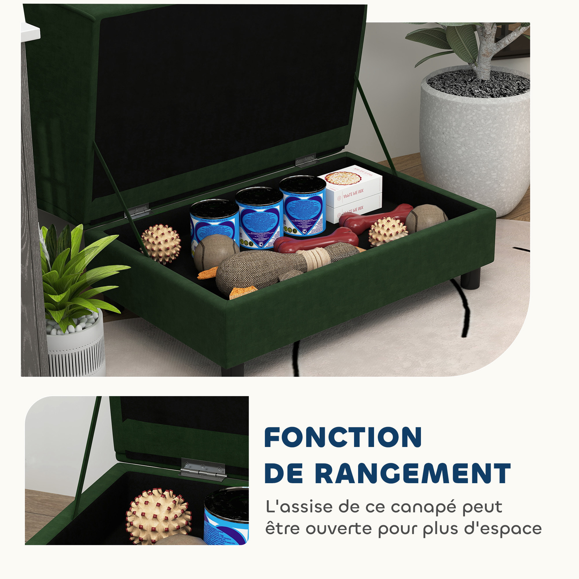 Canapé chien design méridienne - coffre rangement intégré - velours vert
