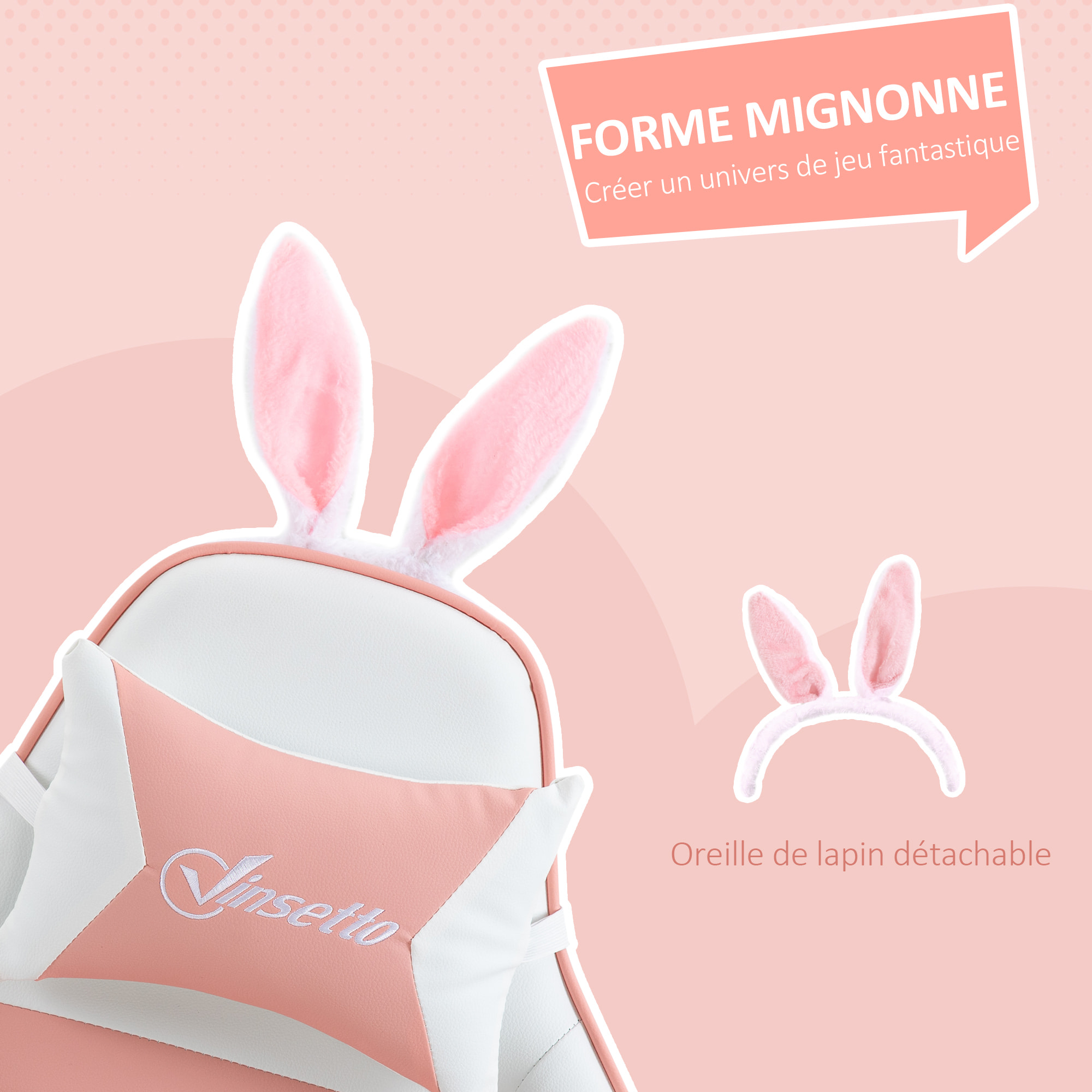 Chaise gaming fauteuil gamer inclinable réglable repose-pied rétractable oreilles de lapin amovibles rose blanc