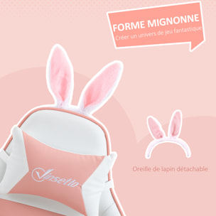 Chaise gaming fauteuil gamer inclinable réglable repose-pied rétractable oreilles de lapin amovibles rose blanc