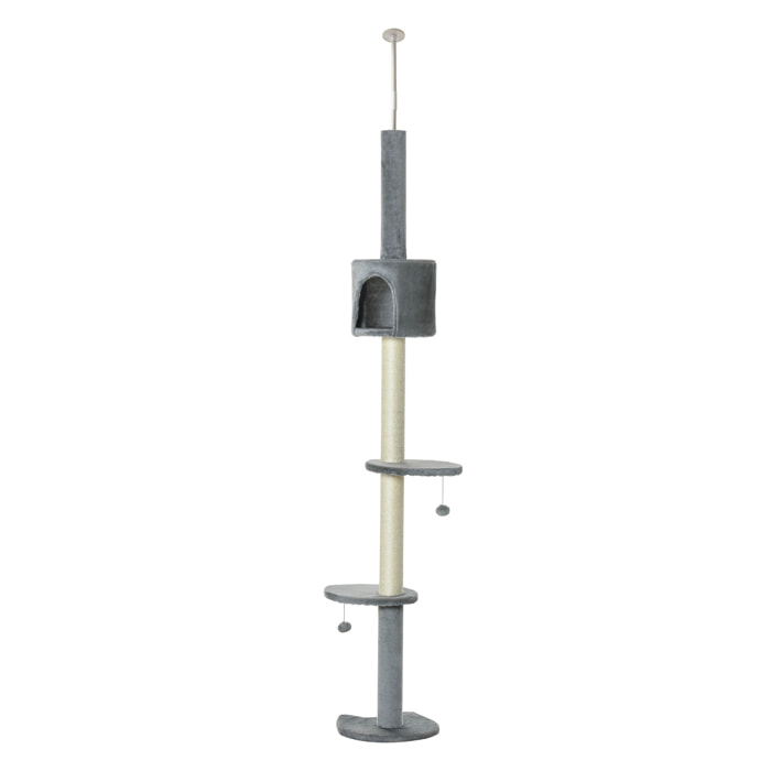 árbol Rascador para Gatos Altura 217 cm Cueva Bola Colgante Gris