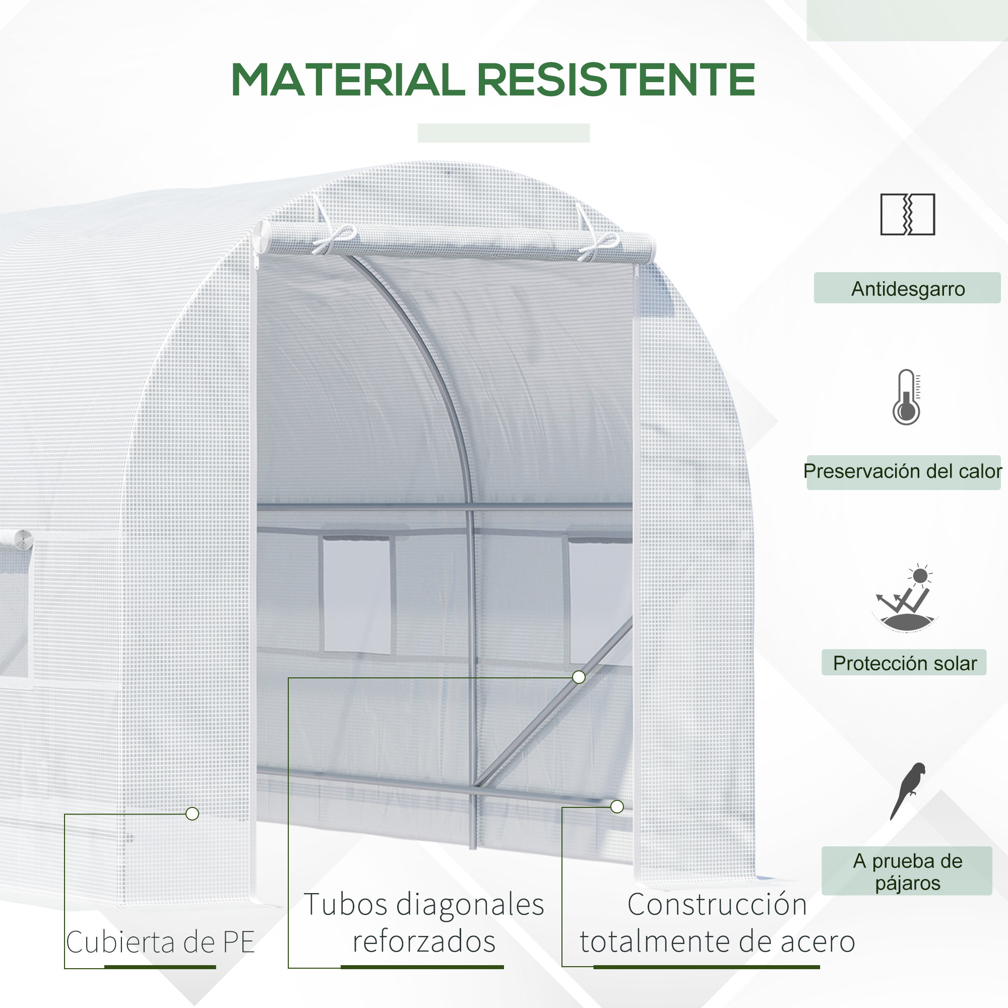 Invernadero de Túnel 450x200x200 cm Invernadero de Jardín con Puerta Enrollable y 6 Ventanas Cubierta PE 140 g/m² Anti-UV Marco de Metal para Cultivo Plantas Verduras Blanco