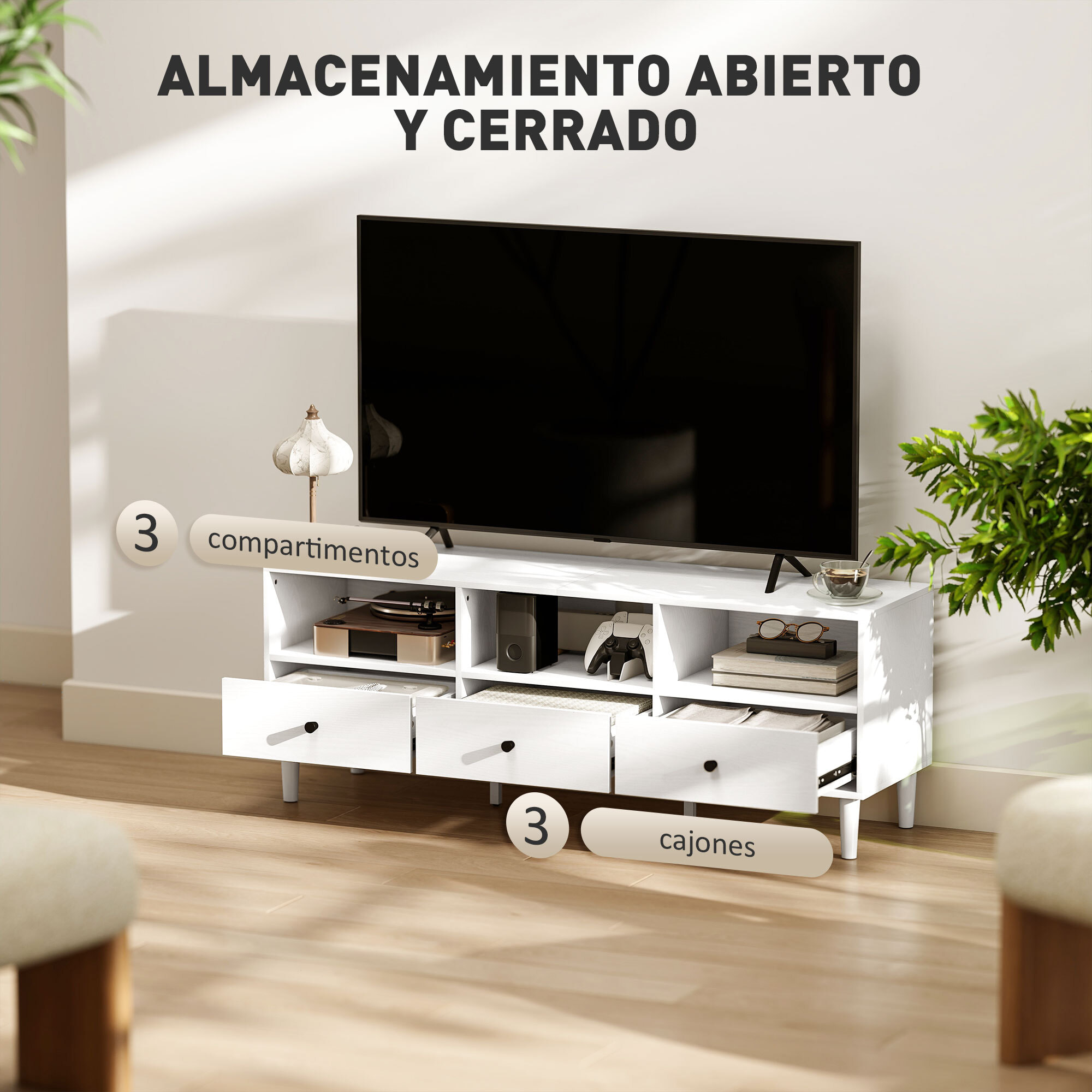 Mueble de TV Moderno Mueble de TV para Salón con 3 Compartimentos Abiertos 3 Cajones y Orificio para Cables para Televisión de 45/55/65 Pulgadas 120x34x45 cm Blanco