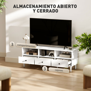 Mueble de TV Moderno Mueble de TV para Salón con 3 Compartimentos Abiertos 3 Cajones y Orificio para Cables para Televisión de 45/55/65 Pulgadas 120x34x45 cm Blanco