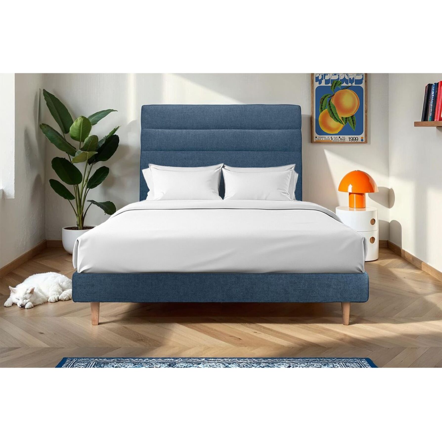 Lit avec tête de lit bandes horizontales tissu et sommier kit Ep14