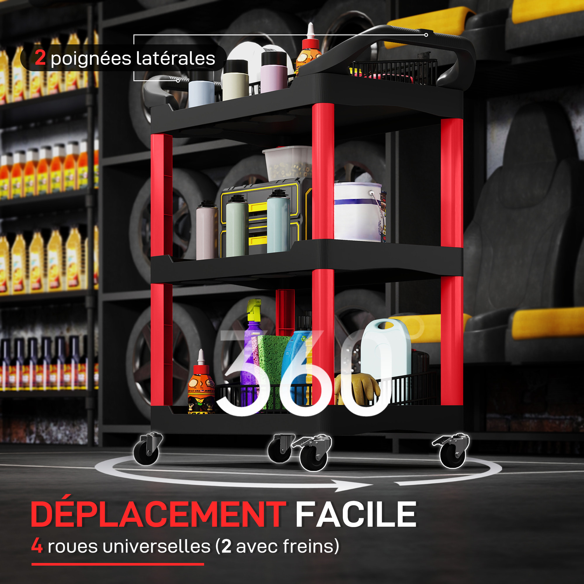 Servante chariot à outils 3 niveaux 12 espaces 2 poignées latérales max. 91 Kg plastique rouge noir