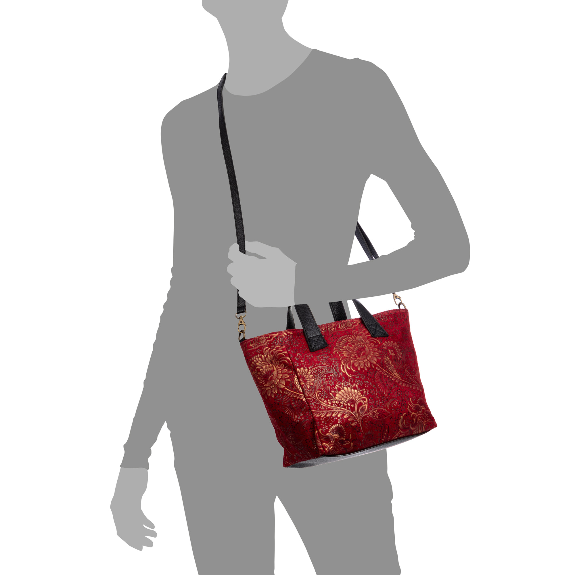 Cassandra borsa tote donna. Pelle scamosciata autentica stampa arabesca.