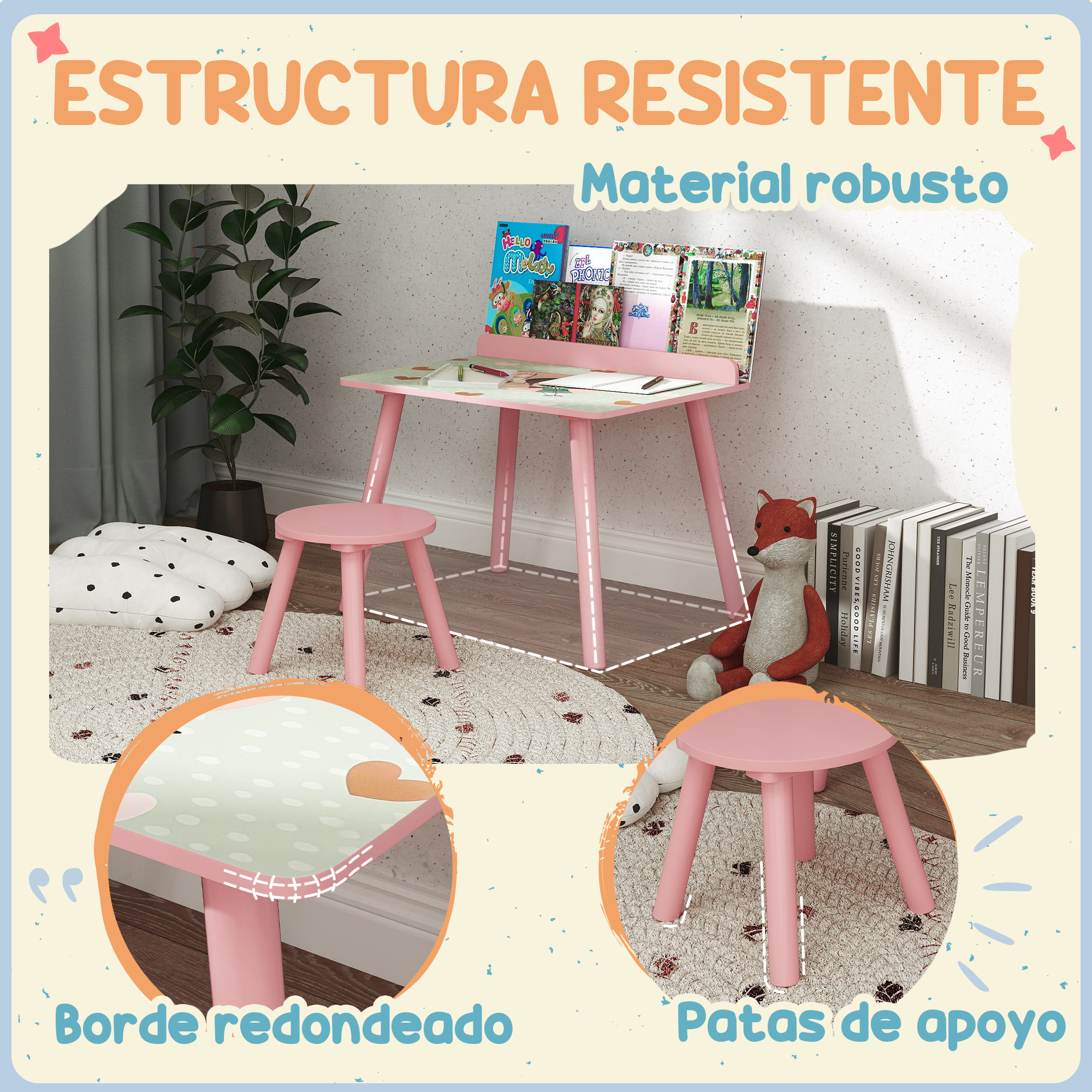 Mesa y Silla Infantiles de 2 Piezas Mesa Infantil con Silla y Estante para Libros Escritorio para Niños de +3 Años para Sala de Juegos Rosa