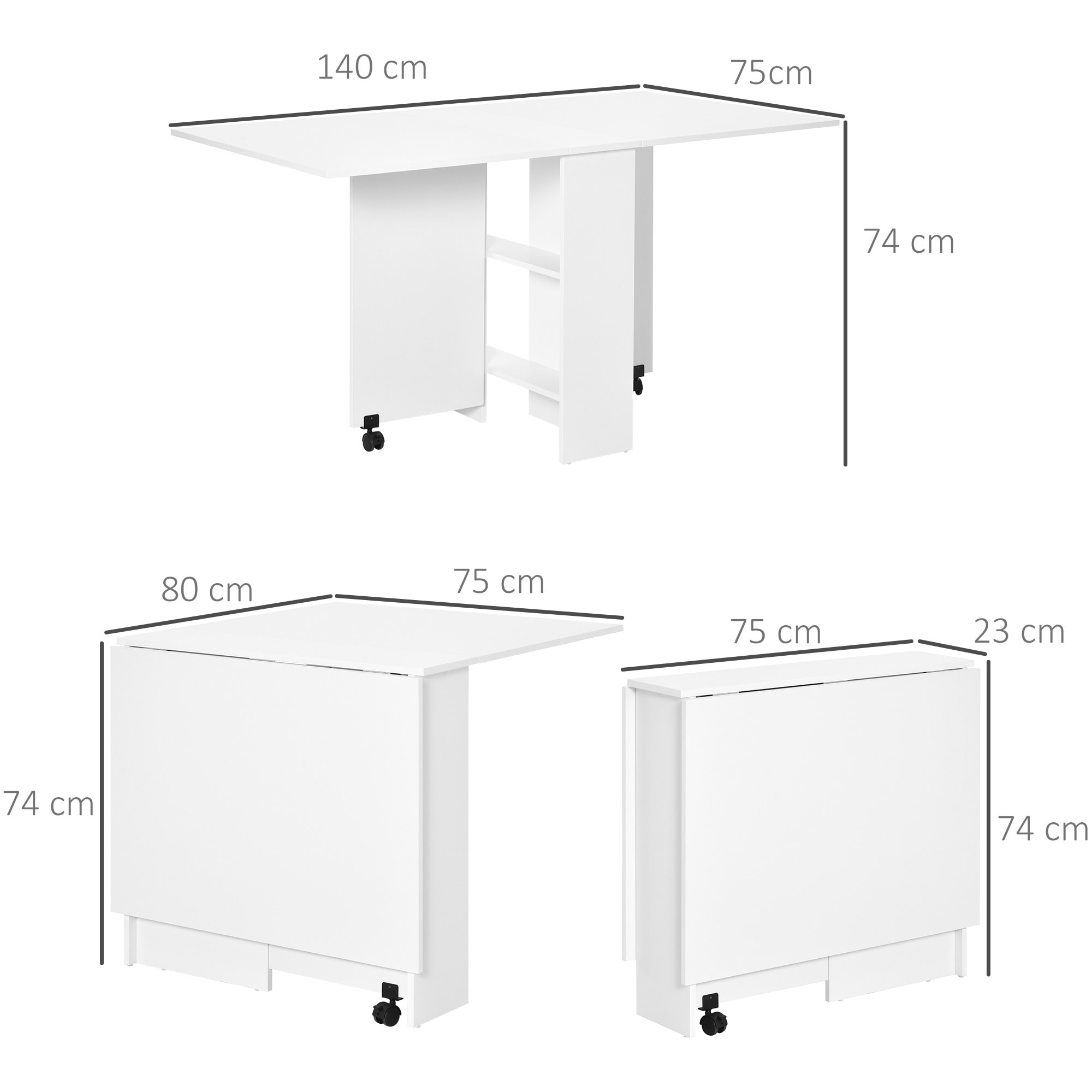 Mesa Plegable Madera con Ruedas 140x80x74cm Escritorio Estante Estanteria Cocina