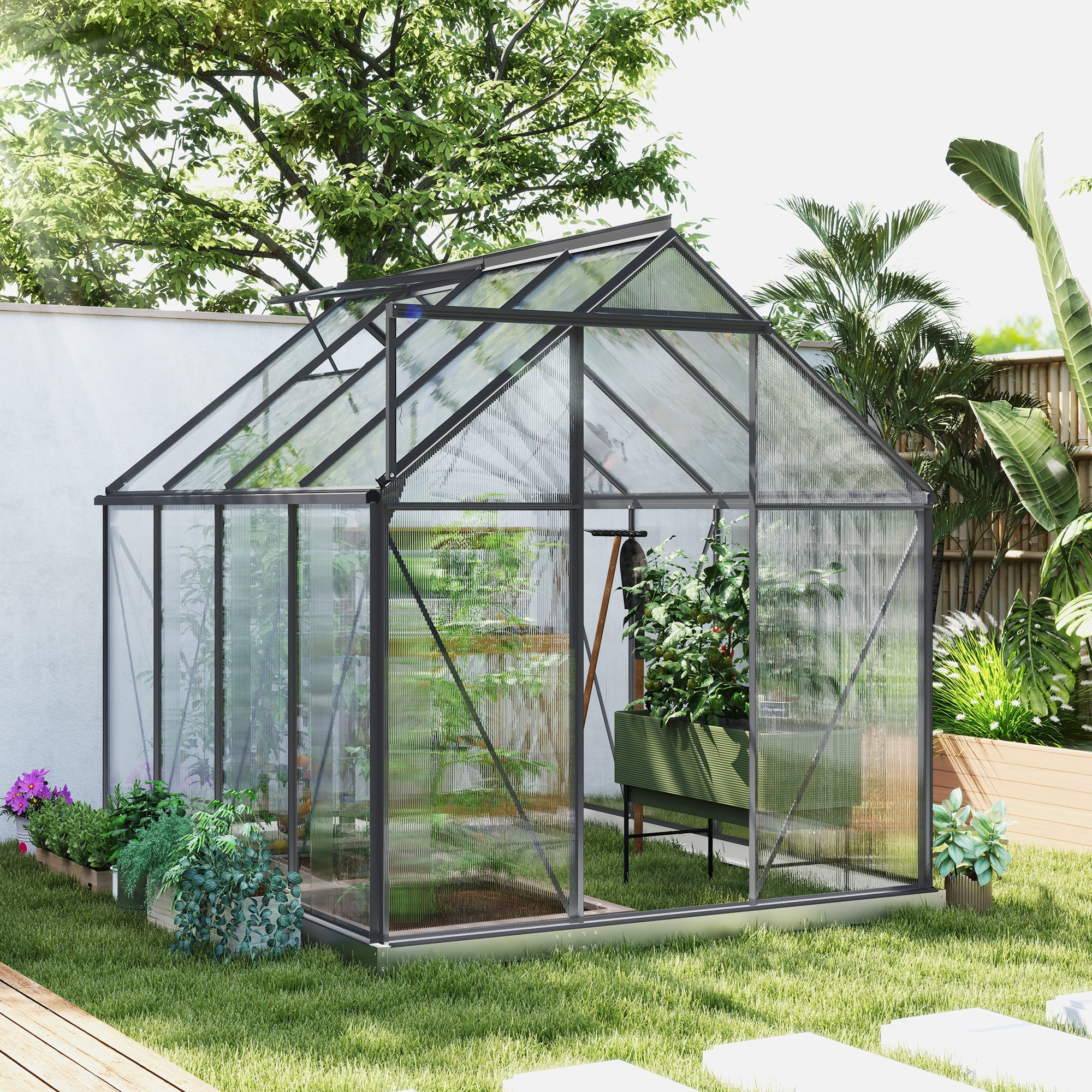 Serre de jardin polycarbonate alu 4,8 m² dim. 2,53L x 1,9l x 1,99H m lucarne réglable fondation porte coulissante gris