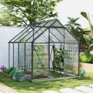 Serre de jardin polycarbonate alu 4,8 m² dim. 2,53L x 1,9l x 1,99H m lucarne réglable fondation porte coulissante gris