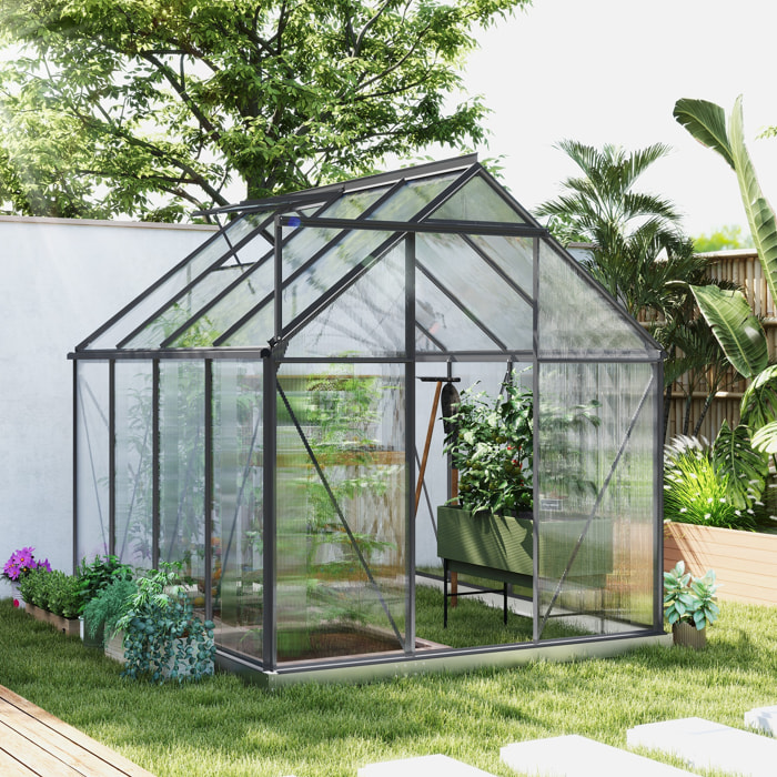 Serre de jardin polycarbonate alu 4,8 m² dim. 2,53L x 1,9l x 1,99H m lucarne réglable fondation porte coulissante gris