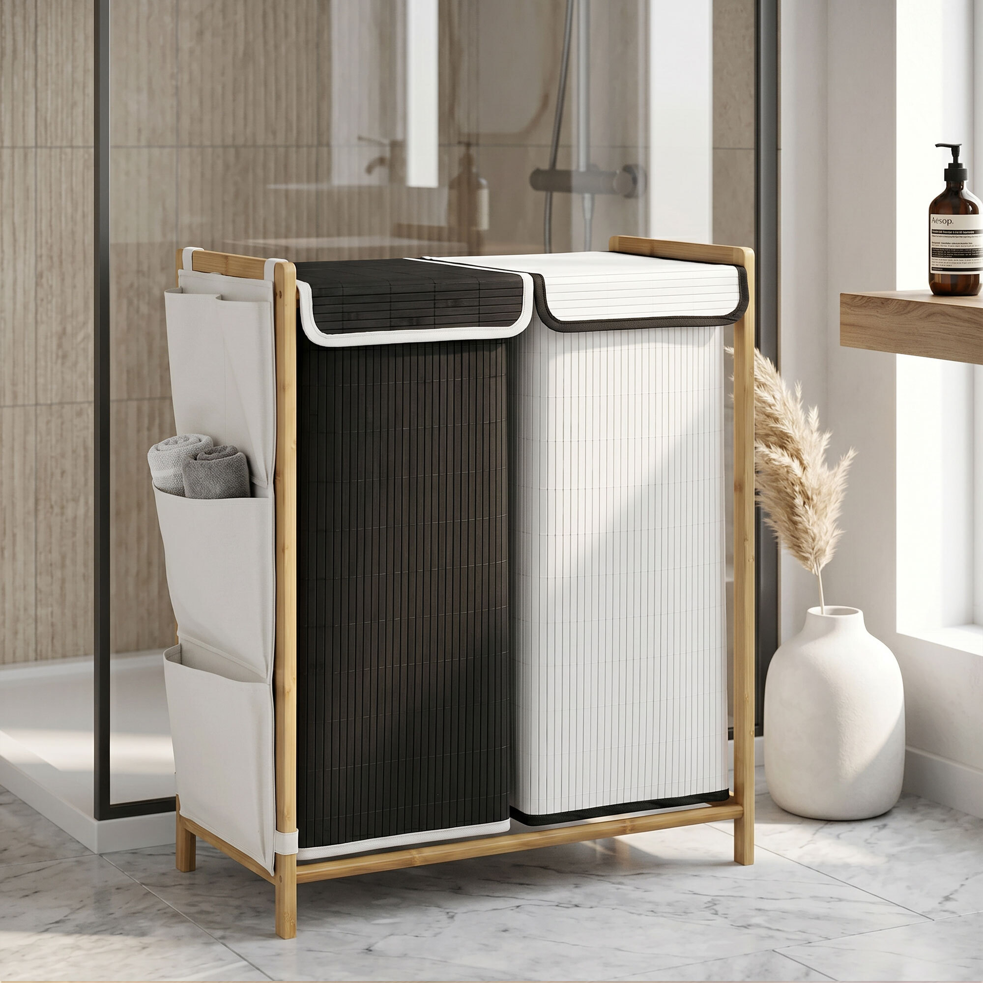 Cesto de Ropa Sucia con Tapa, 120L, Cesta de Ropa Sucia de Bambú con 2 Compartimentos, Bolsas Extraíbles y Lavables con Cordón, Bolsillos Laterales, para Lavandería, 63x33x78 cm, Blanco y Negro