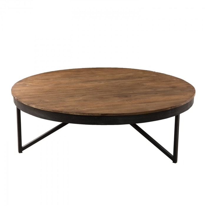 ALIDA - Table basse ronde marron 110x110cm plateau teck recyclé pieds métal