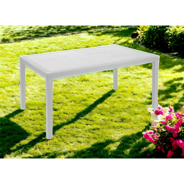 Tavolo da esterno Imola, Tavolo fisso rettangolare, Tavolo da giardino multiuso effetto rattan, 100% Made in Italy, Cm 138x78h72, Bianco