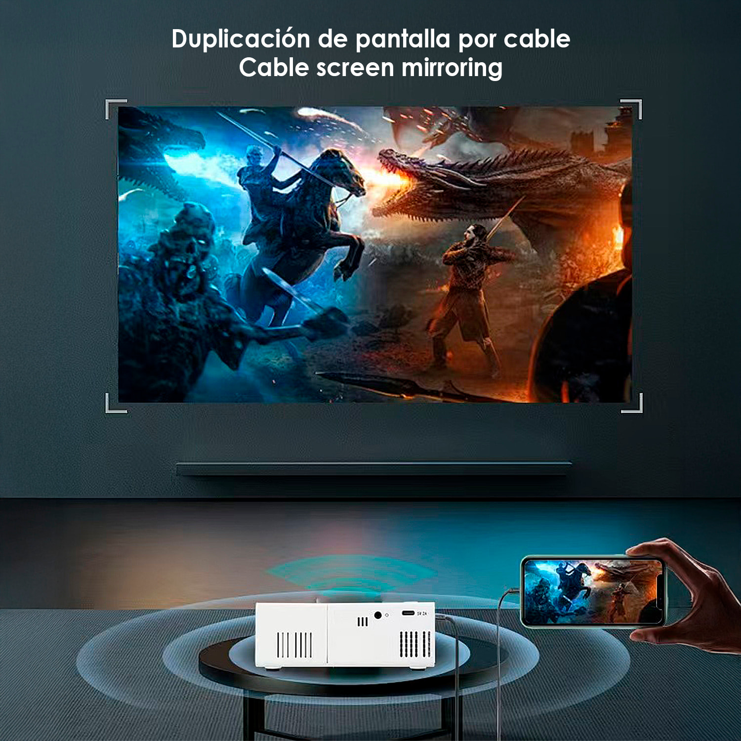 Mini proyector LCD 1080 HD, 10 ANSI Lumens 10W proyección de 20 a 60 pulgadas. Duplicación de pantalla por cable. Con mando a distancia.