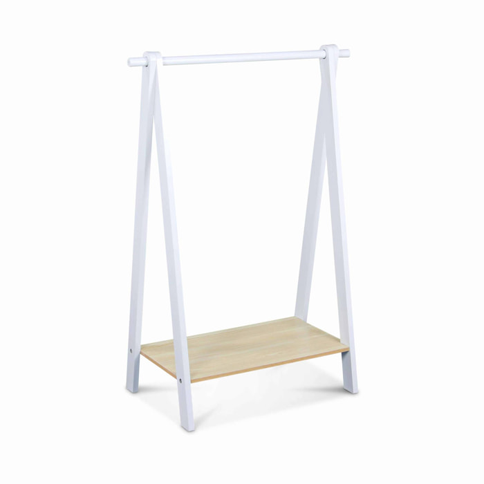 Penderie enfant en bois massif en pin naturel blanc - Tobias - 70X100CM. étagère basse. portant style scandinave. 4 pieds. 4.3kg