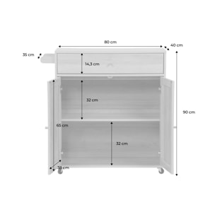 Desserte de cuisine BOHEME décor bois et cannage 1 poignée 1 tiroir 2 portes 4 roues. Naturel