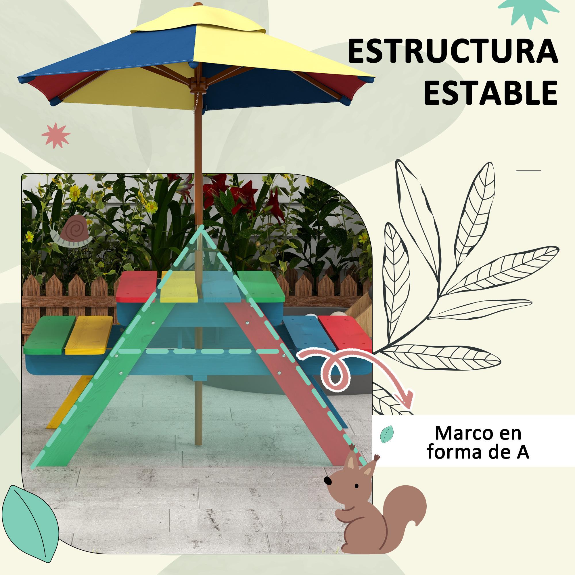 Mesa de Picnic para Niños de Madera Mesa y 2 Bancos Infantiles con Sombrilla Extraíble para Jardín Patio 85,5x75x142,5 cm Multicolor