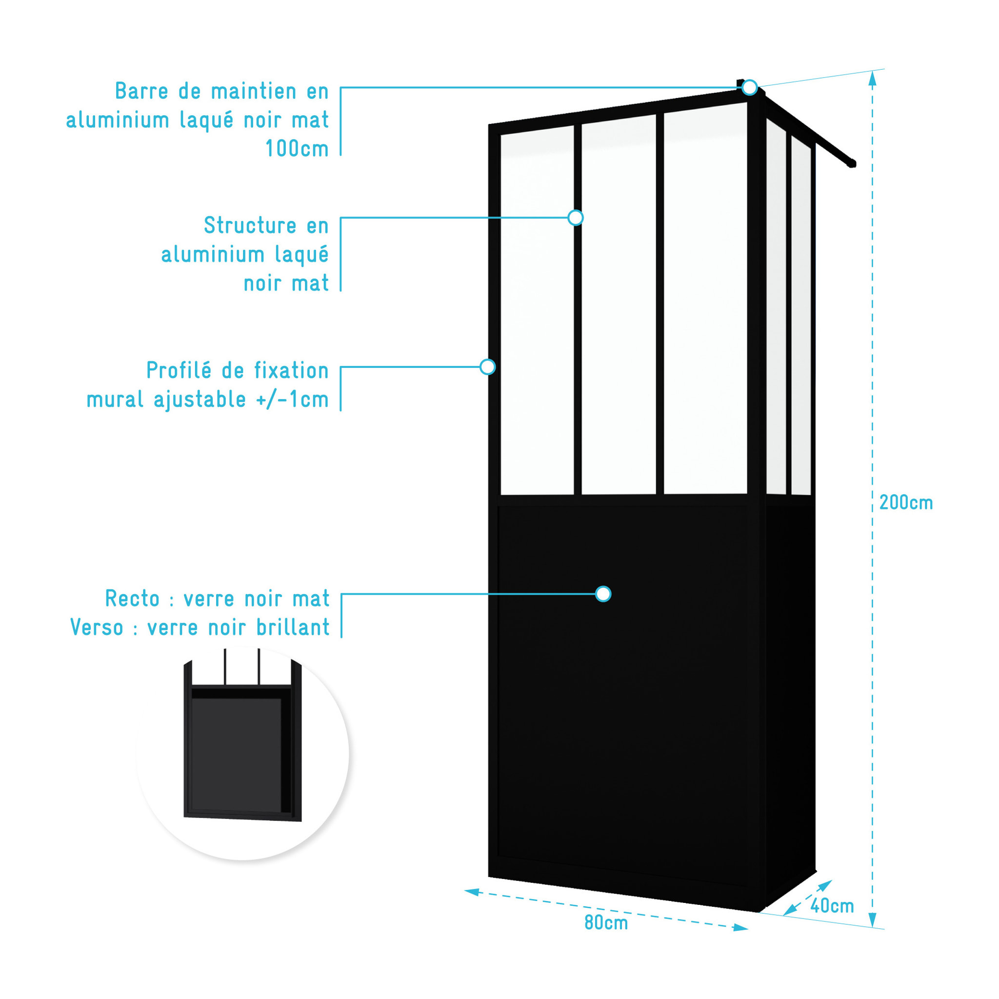 Paroi de Douche Fixe avec Volet Pivotant 80+40 x 200 cm - Finition Noir Mat et Verre Trempé
