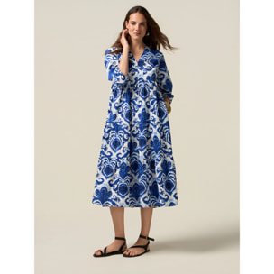 Oltre - Chemisier midi in cotone fantasia - Blu