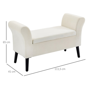 HOMCOM Taburete Pie de Cama Tapizado en Terciopelo Banqueta de Almacenaje Acolchado con Tapa Abatible Reposabrazos y Patas de Madera para Dormitorio Salón 111,5x41x65 cm Blanco Crema