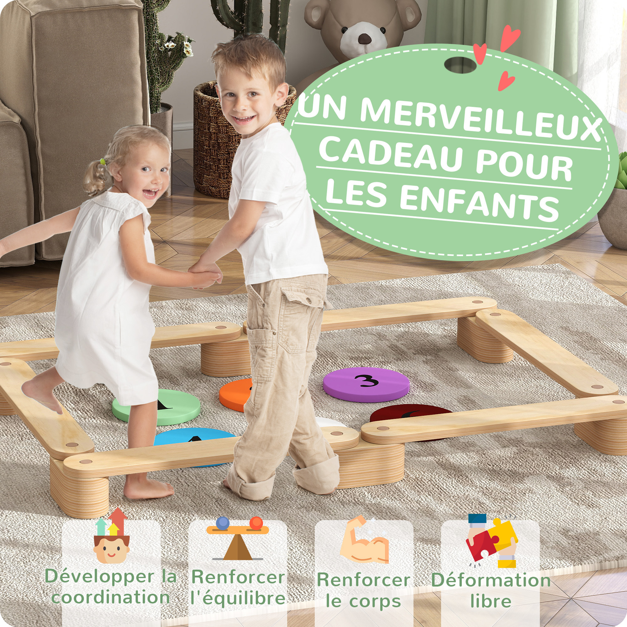 Poutre d'équilibre enfant en bois - pierres d'obstacle colorées - intérieur extérieur