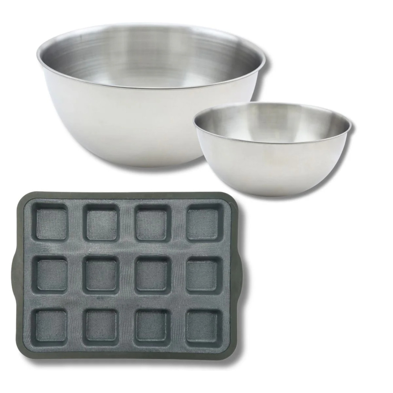 Lot avec 1 Moule à gâteaux 12 carrés en silicone fibre de verre, 1 spatule Zenker et 2 bols à mixer en inox Fackelmann