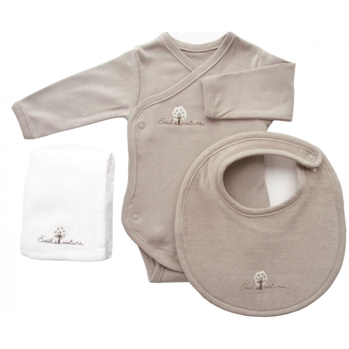 Set Body/Bavoir/Lange 3 mois Coton bio Taupe