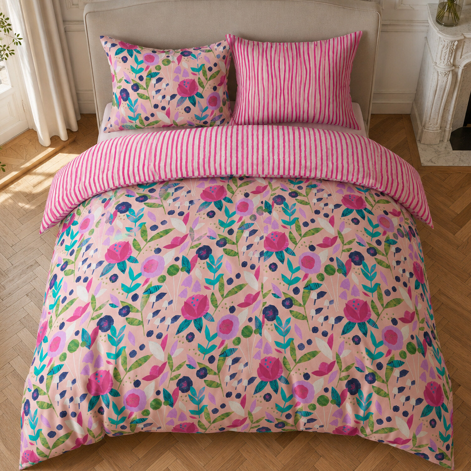 Parure housse de couette 100% percale de coton motif floral printemps rose - KATE MERRITT