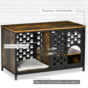 Casa para Gatos de Madera con Mesita Estantes Cojín Lavable y Puerta Corredera