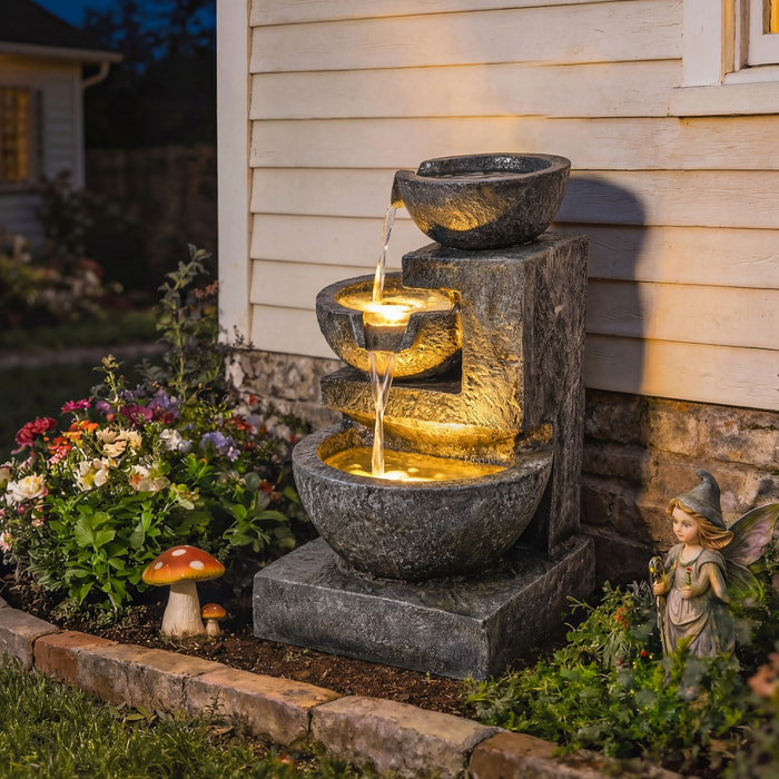 Fuente de Agua Decorativa con Iluminación LED y Bomba, Fuente de Jardín Exteror en Cascada de 3 Niveles, Resistente a la intemperie, para Jardín, Patio, Terraza, 40x37x61 cm, Multicolor