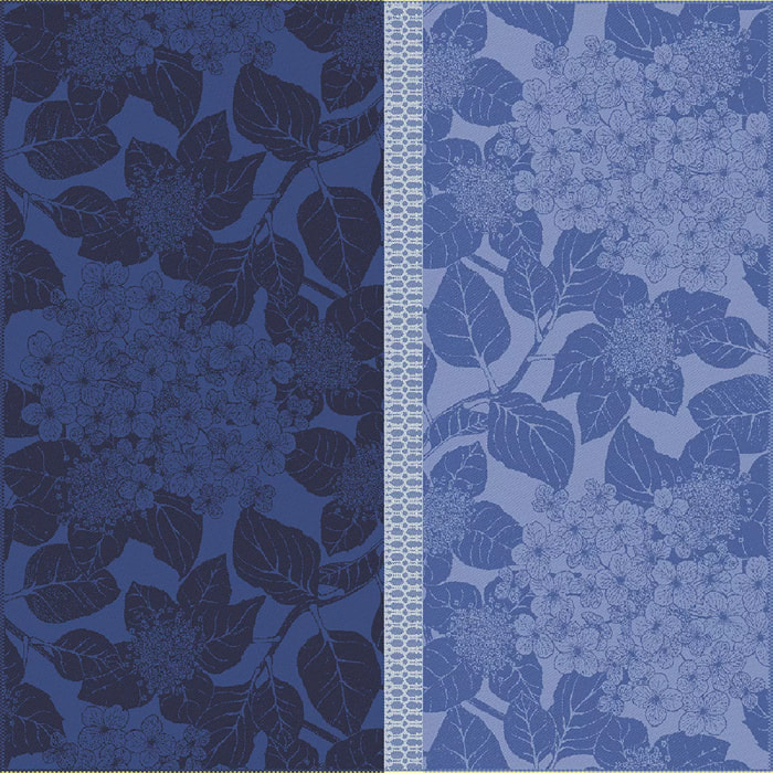 Serviette pur coton bio motif jacquard bleu Hortensias bleu