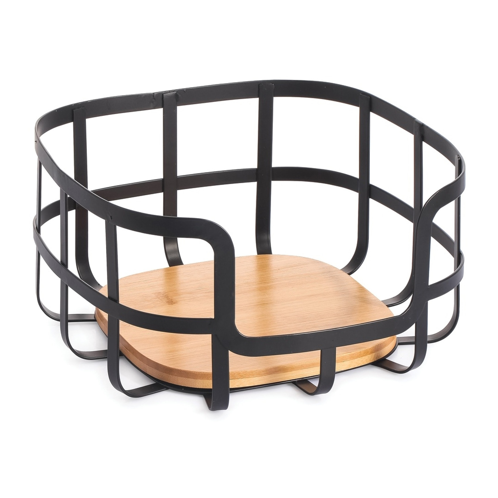 Frutero de estilo industrial 24x24,5x12cm en acero y bambú en color Negro