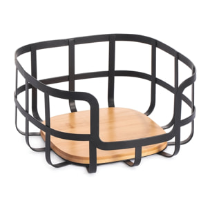 Frutero de estilo industrial 24x24,5x12cm en acero y bambú en color Negro