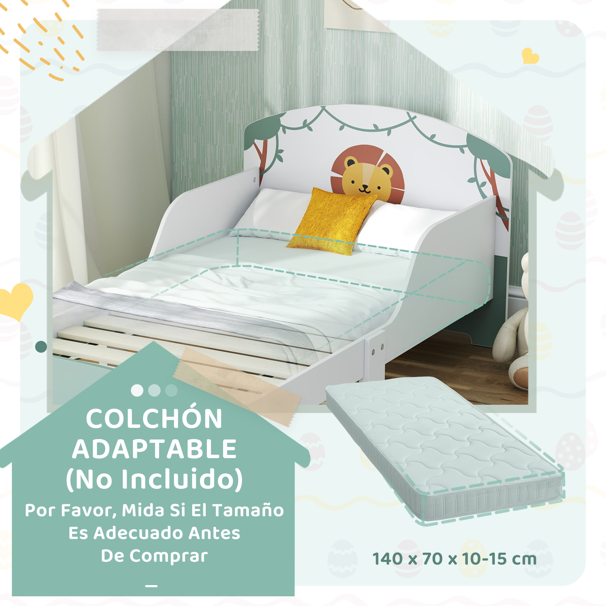 Cama infantil 70x140 cm de Madera con Almacenaje Cama para Niños de +3 Años con Protección Anticaída Cabecero en Dibujo de León Carga 40 kg para Dormitorio Verde