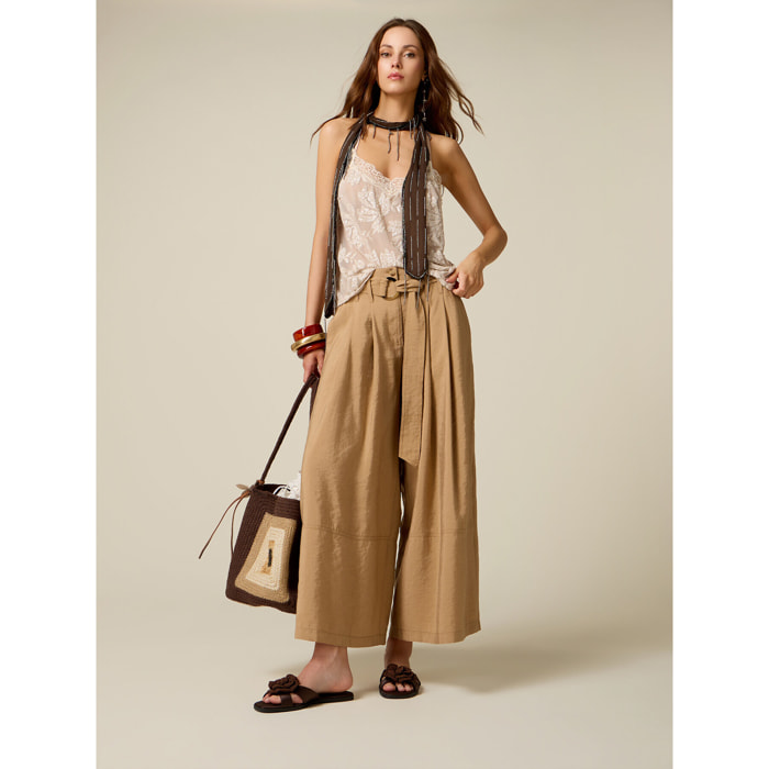 Oltre - Pantalones palazzo cropped mezcla modal - Beige