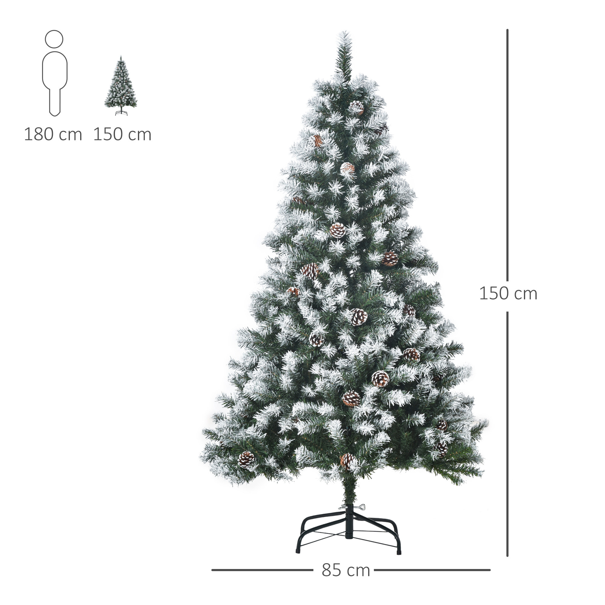 HOMCOM árbol de Navidad Artificial 150 cm con Nieve Ignífugo con 676 Ramas 41 Piñas Hojas de PVC Apertura Automática Base Plegable y Soporte Metálico Decoración Navideña para Interiores Verde