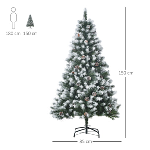 HOMCOM árbol de Navidad Artificial 150 cm con Nieve Ignífugo con 676 Ramas 41 Piñas Hojas de PVC Apertura Automática Base Plegable y Soporte Metálico Decoración Navideña para Interiores Verde