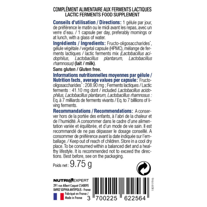 NUTRI EXPERT - Probiotiques Dynamisés - Favorise Equilibre De La Flore Intestinale -7 Milliards de Ferments Lactiques- 3 Souches Probiotiques - Fibres Prébiotiques - 30 Gélules - Sans Gluten - Lot de 2