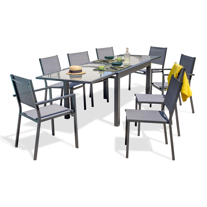 TOLEDE - Ensemble repas 8 places en aluminium anthracite et plateau verre