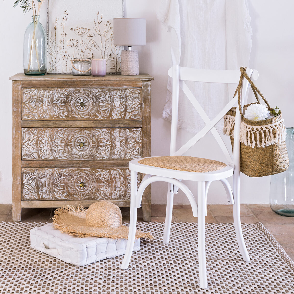 Chaise "Isak" hêtre et cannage blanc