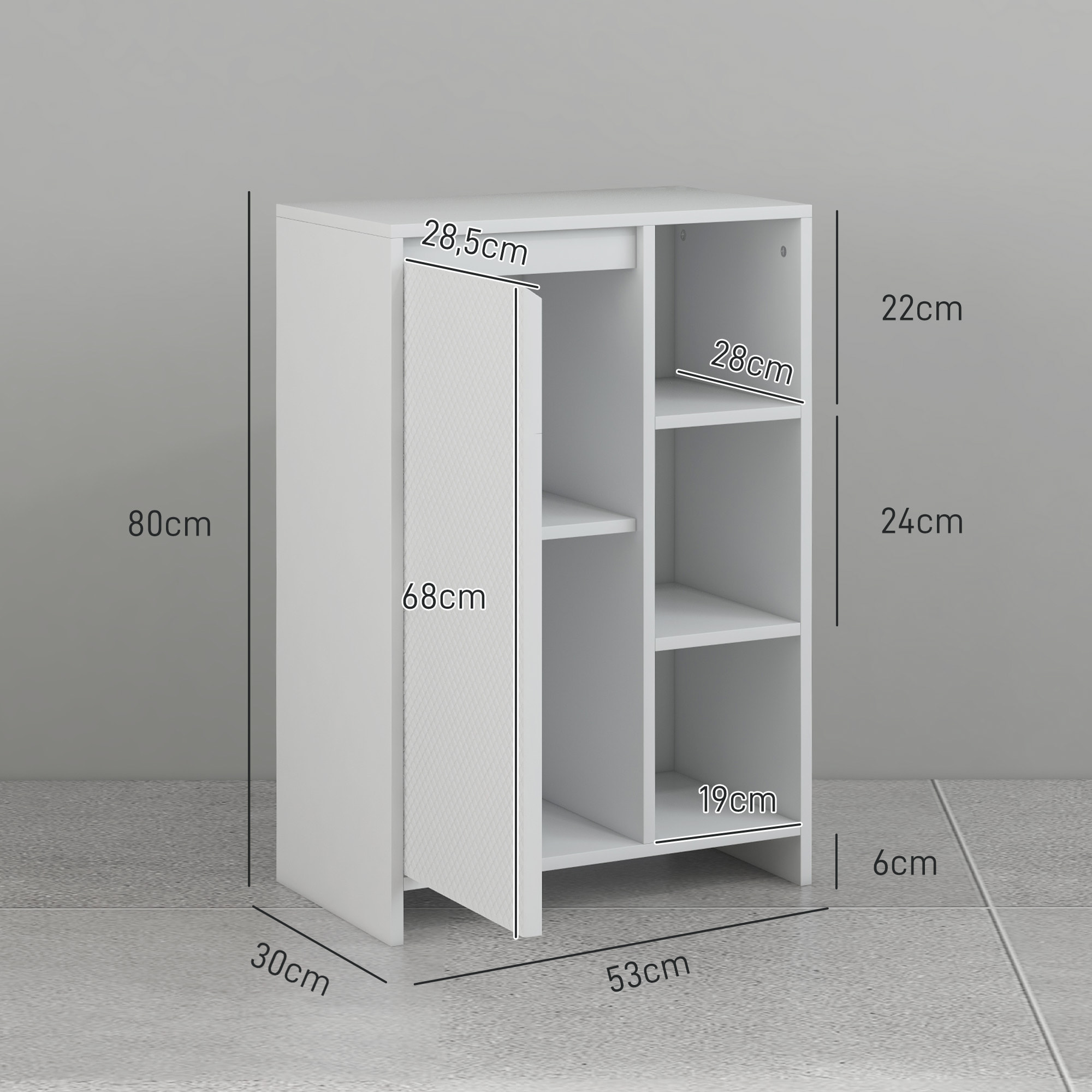 Mueble Auxiliar de Baño Moderno Armario de Baño con Estantes Abiertos Puerta y Estante Ajustable Antivuelco para Salón Dormitorio 53x30x80 cm Blanco