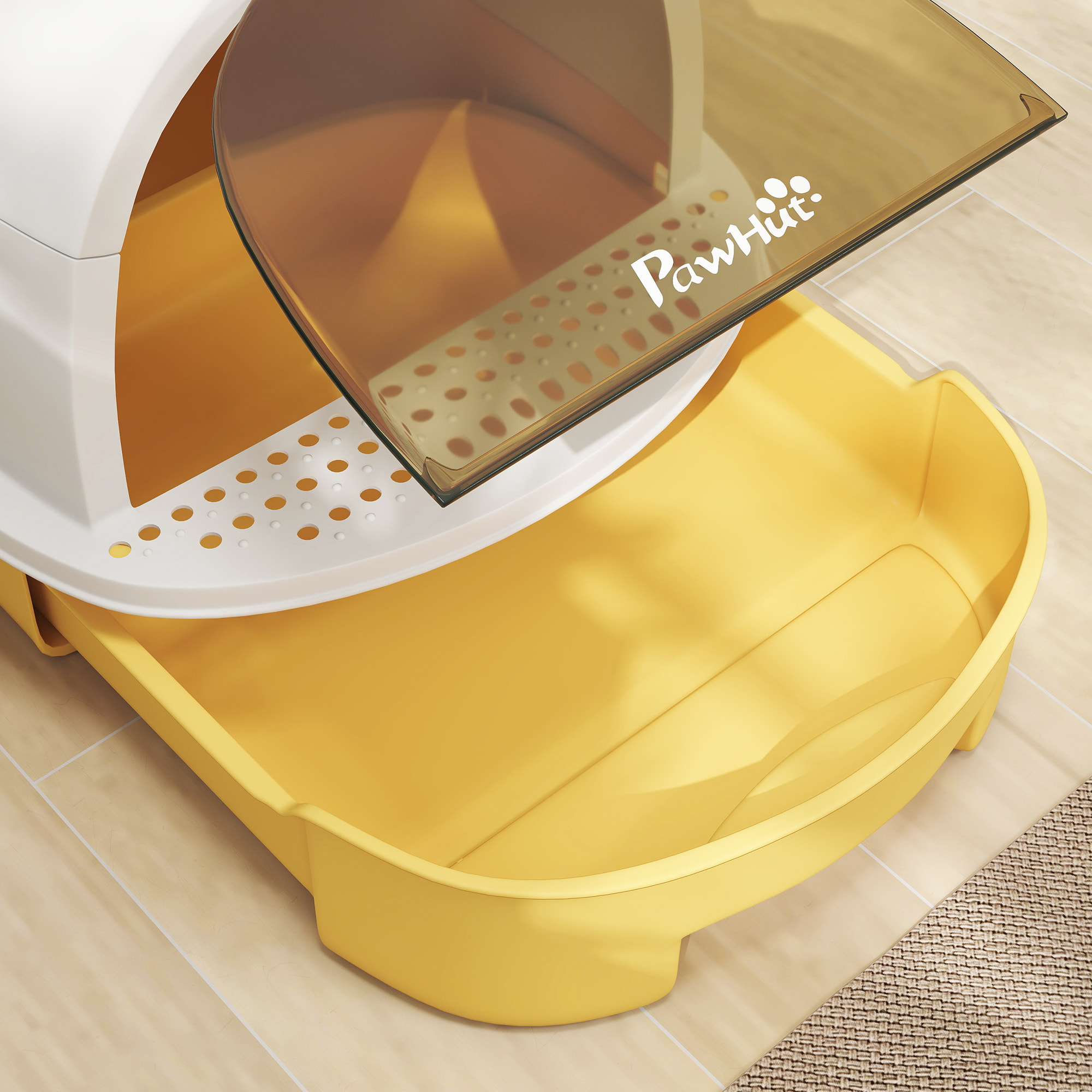 Maison de toilette chat design - porte fumée, pelle, 2 sacs désodorisation, tiroir litière coulissant, poignée - blanc jaune