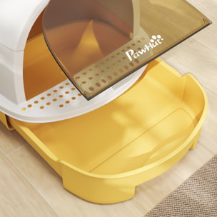 Maison de toilette chat design - porte fumée, pelle, 2 sacs désodorisation, tiroir litière coulissant, poignée - blanc jaune