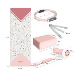 Pack accesorios yoga rosa FITFIU esterilla, aro, bloque, barra, correa