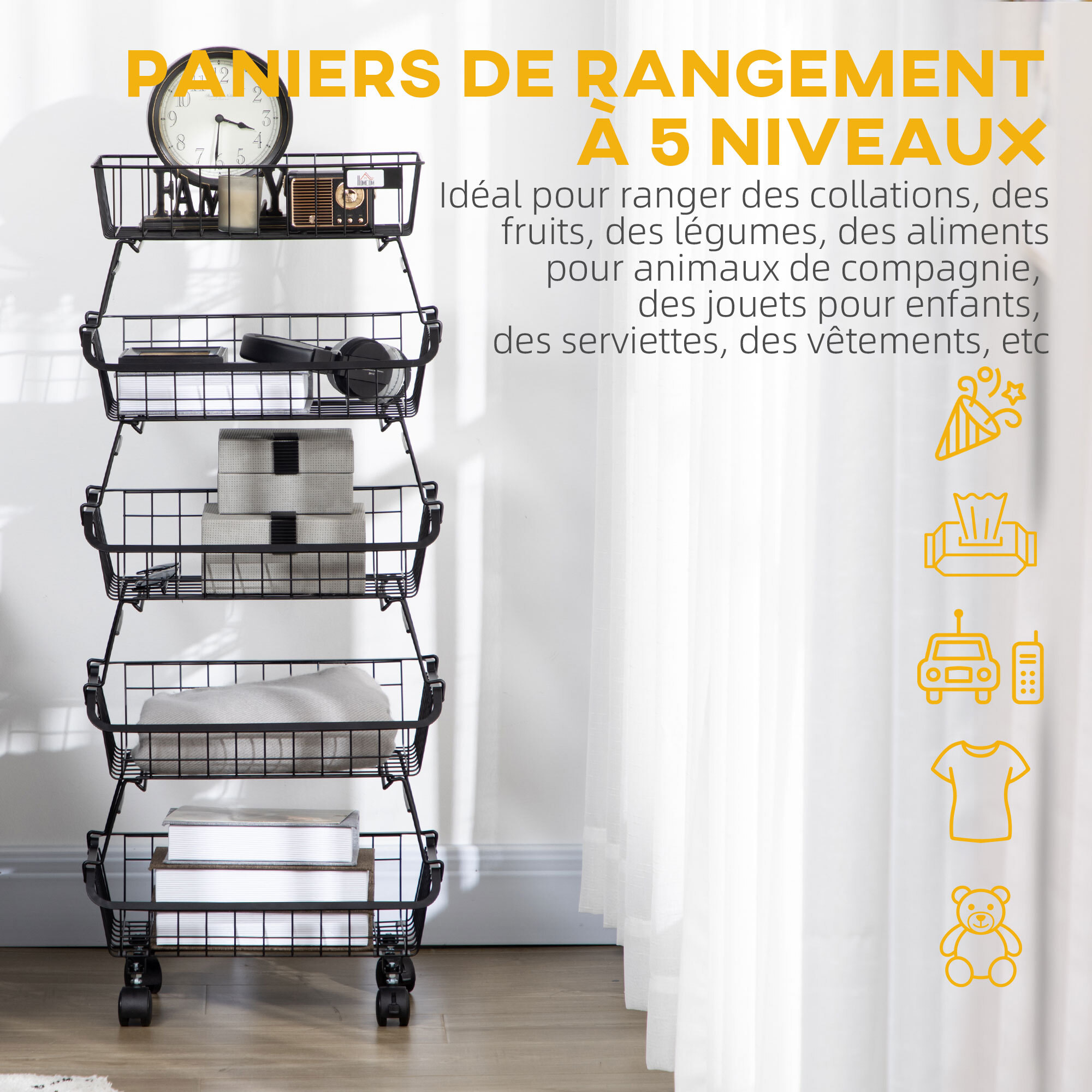 Corbeille à fruits 5 niveaux - desserte de cuisine à roulettes - paniers empilables amovibles - acier noir